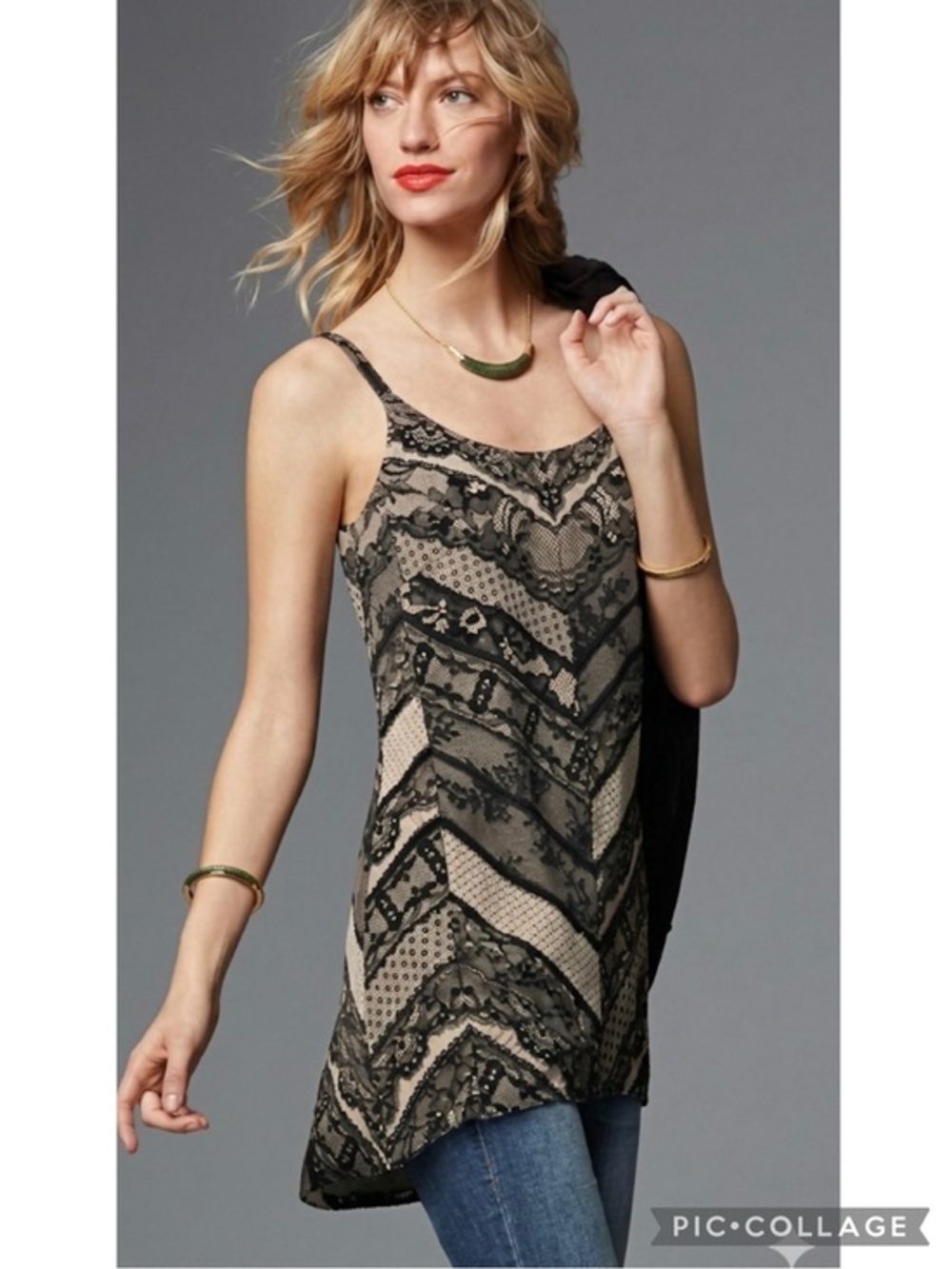 CAbi Monaco Tunic Tank Top Lace Print Black Beige S Whimsigoth 3278